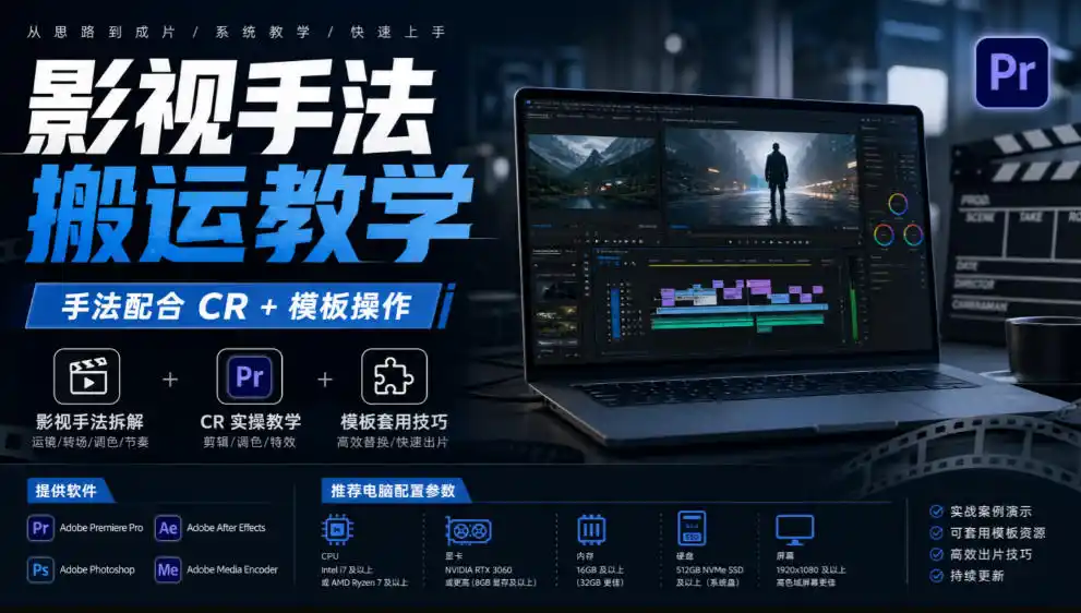 影视手法搬运教学，手法配合CR+模板操作，需要电脑，提供软件+配置参数-一起筹课网