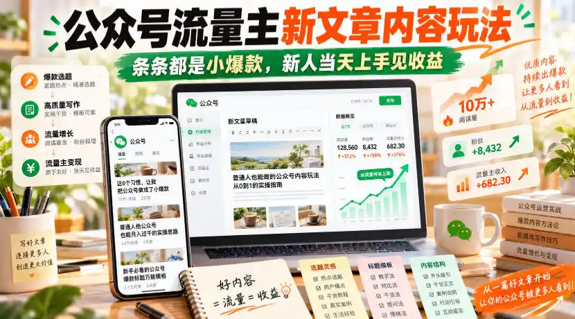 公众号流量主新文章内容玩法，条条都是小爆款，新人当天上手见收益-一起筹课网