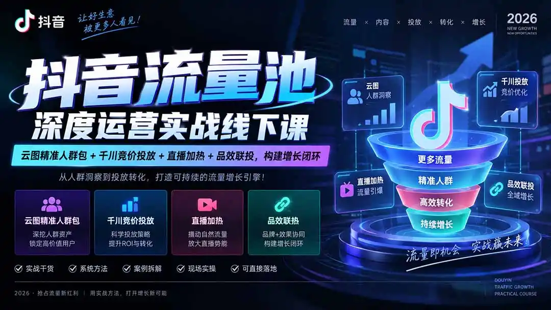 抖音流量池深度运营实战线下课｜云图精准人群包+千川竞价投放+直播加热+品效联投，构建增长闭环-一起筹课网