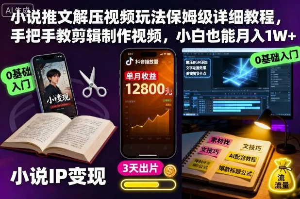 小说推文解压视频玩法保姆级详细教程，手把手教剪辑制作视频，小白也能月入1W+-一起筹课网
