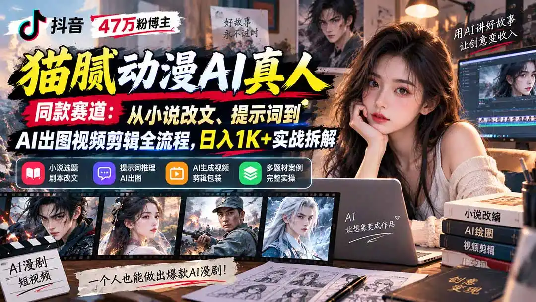 抖音47万粉博主猫腻动漫AI真人同款赛道：从小说改文、提示词到AI出图视频剪辑全流程，日入1K+实战拆解-一起筹课网