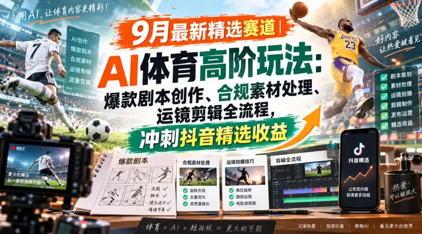 某大佬的9月最新精选赛道之AI体育顶级玩法，爆款剧本创作、版权规避、运镜剪辑全流程，稳拿抖音精选收益-一起筹课网