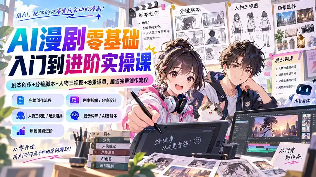 AI漫剧零基础入门到进阶实操课：剧本创作+分镜脚本+人物三视图+场景道具，跑通完整创作流程-一起筹课网