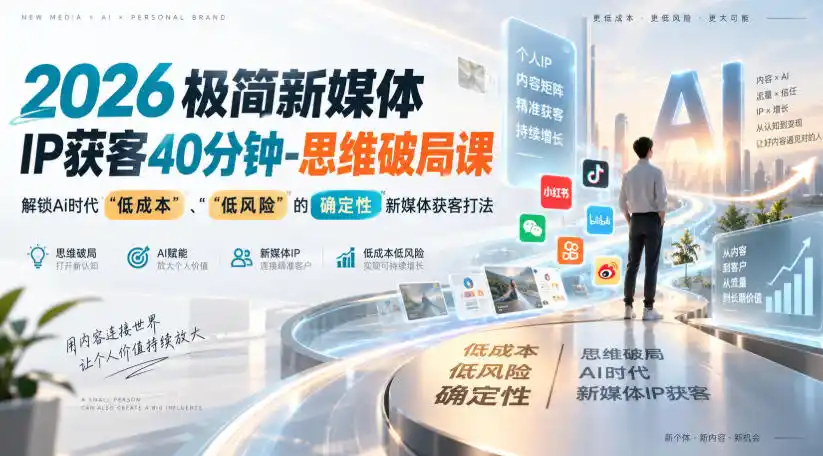 2026极简新媒体IP获客40分钟-思维破局课，解锁Ai时代“低成本”、“低风险”的确定性新媒体获客打法-一起筹课网