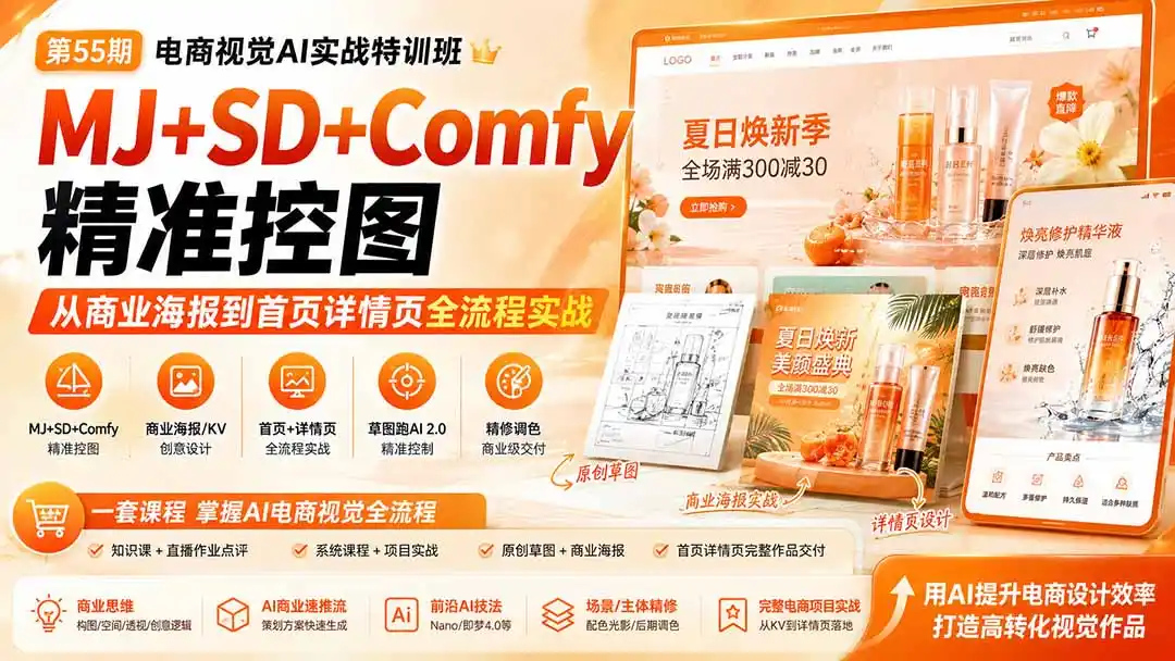 电商视觉 AI实战训练营第55期：MJ+SD+Comfy精准控图，从商业海报到首页详情页全流程实战-一起筹课网