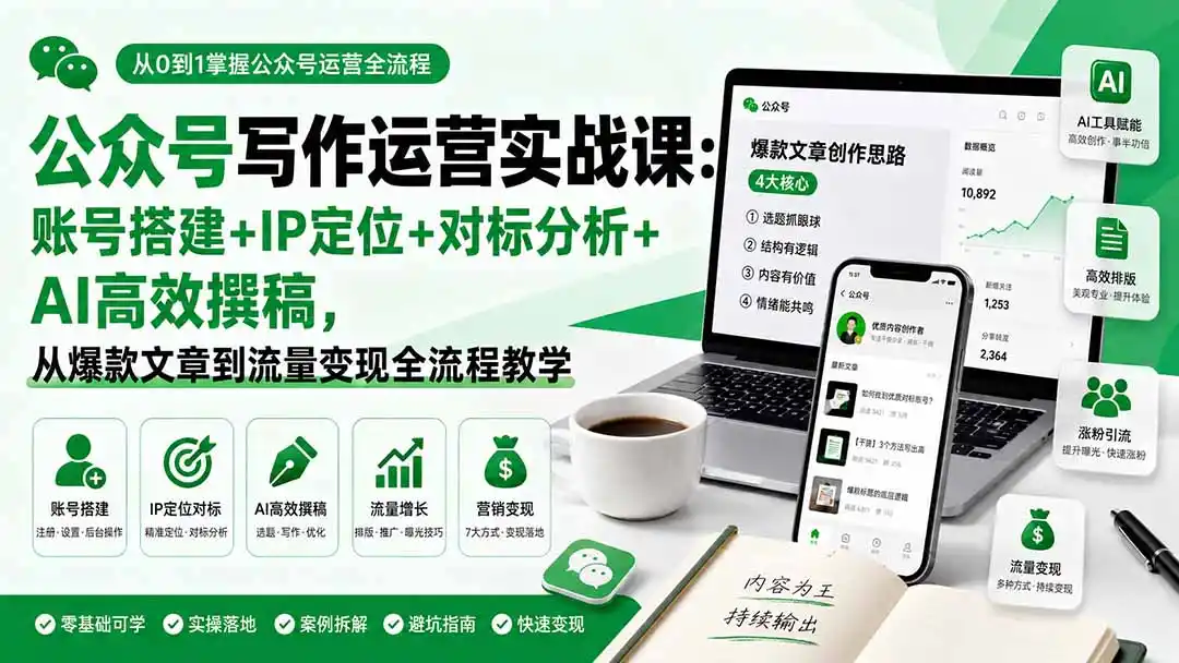 公众号写作运营实战课:账号搭建+IP定位+对标分析+AI高效撰稿,从爆款文章到流量变现全流程教学-一起筹课网