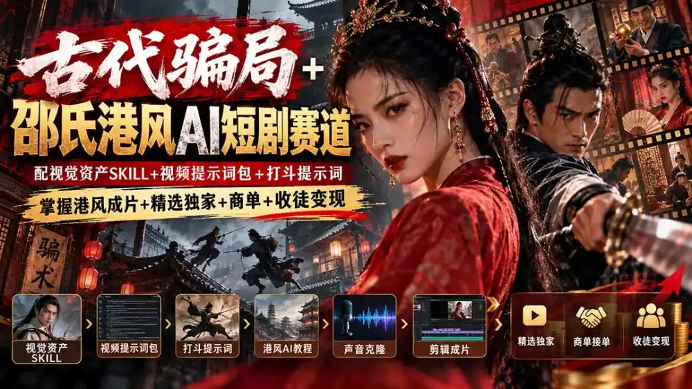 古代骗局+邵氏港风AI短剧赛道：配视觉资产SKILL+视频提示词包+打斗提示词，掌握港风成片+精选独家+商单+收徒变现-一起筹课网