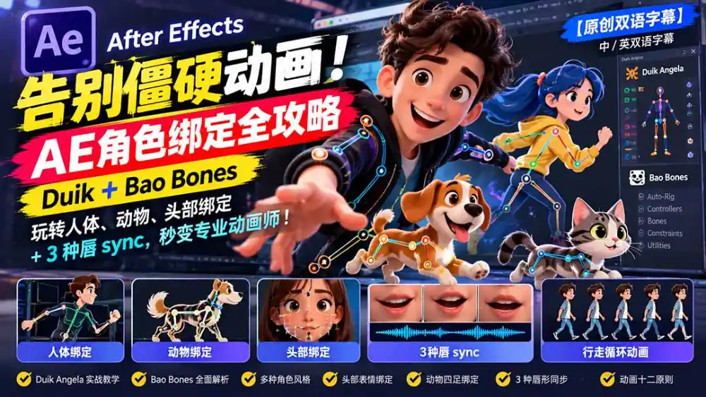 【无水印】告别僵硬动画！AE 角色绑定全攻略：Duik+Bao Bones玩转人体/动物/头部绑定+3种唇sync，秒变专业动画师-一起筹课网