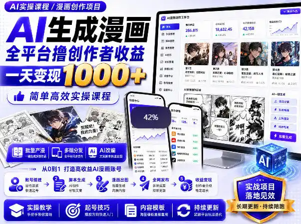 AI生成漫画全平台撸创作者收益内部课程，实操最高单日变现1k+-一起筹课网