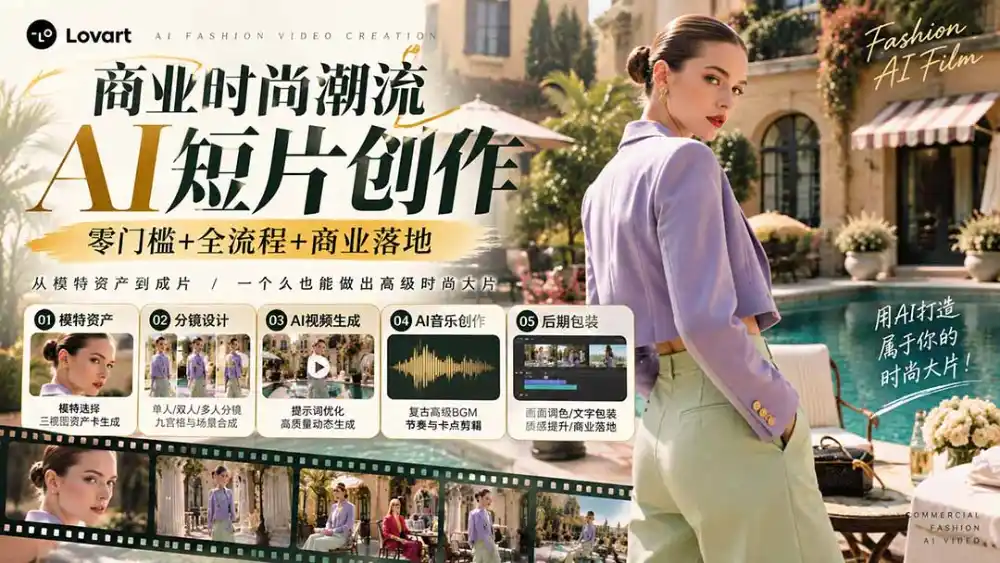 从一张模特图到高级时尚广告大片:AI三视图资产、场景合成、电影分镜、动态生成与复古音乐剪辑实战课-一起筹课网
