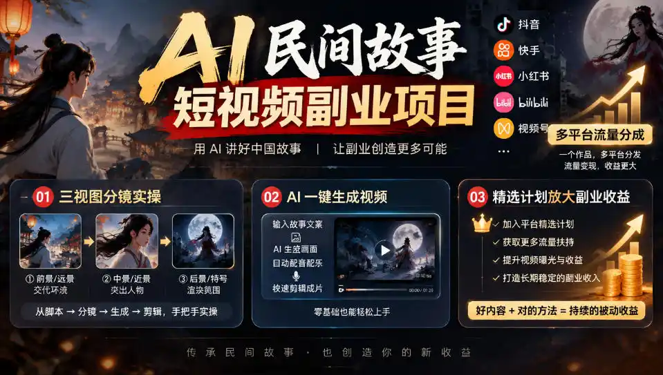 AI民间故事短视频副业项目,多平台流量分成,三视图分镜实操,精选计划放大副业收益-一起筹课网