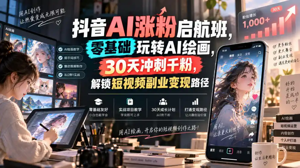 抖音AI涨粉启航班，零基础玩转AI绘画，30天冲刺千粉，解锁短视频副业变现路径-一起筹课网