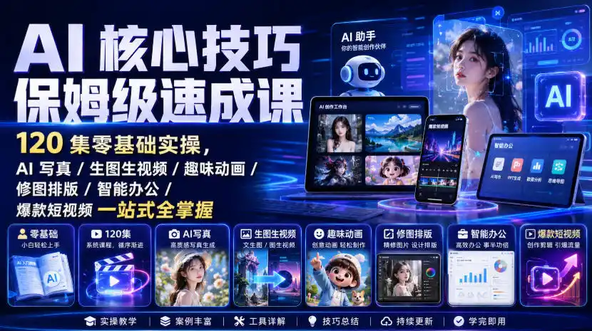 AI核心技巧保姆级速成课｜120集零基础实操，AI写真/生图生视频/趣味动画/修图排版/智能办公/爆款短视频一站式全掌握-一起筹课网