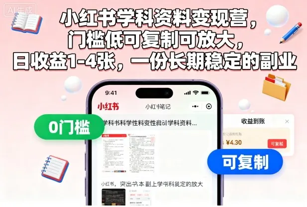 小红书学科资料变现营,门槛低可复制可放大,日收益1-4张,一份长期稳定的副业-一起筹课网