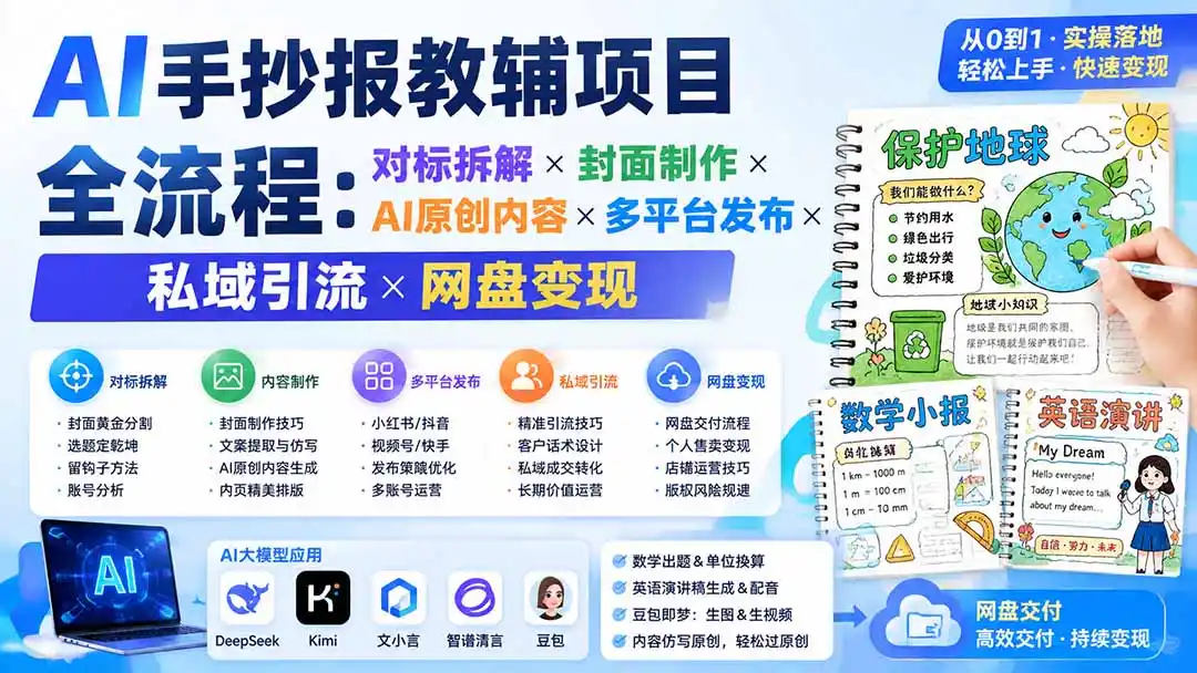 AI手抄报教辅项目全流程：对标拆解×封面制作×AI原创内容×多平台发布×私域引流×网盘变现-一起筹课网