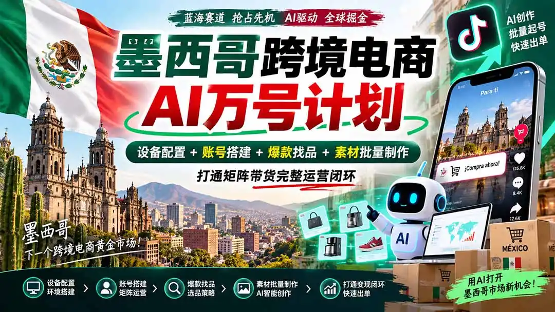 墨西哥AI跨境电商万号计划｜设备配置+账号搭建+爆款找品+素材批量制作，打通矩阵带货完整运营闭环-一起筹课网