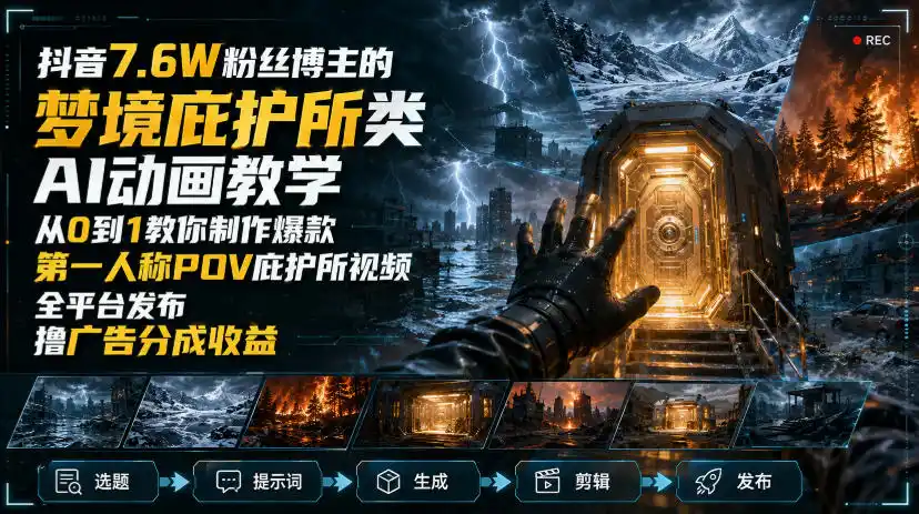 抖音7.6W粉丝博主的梦境庇护所类AI动画教学，从0到1教你制作爆款第一人称POV庇护所视频，全平台发布撸广告分成收益-一起筹课网