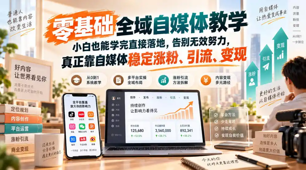 零基础全域自媒体教学，小白也能学完直接落地，告别无效努力，真正靠自媒体稳定涨粉、引流、变现-一起筹课网