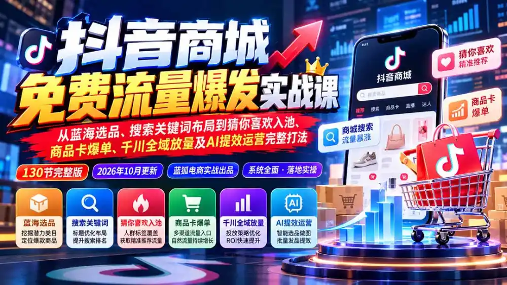 抖音商城免费流量爆发实战：从蓝海选品、搜索关键词布局到猜你喜欢入池、商品卡爆单、千川全域放量及AI提效完整打法-一起筹课网