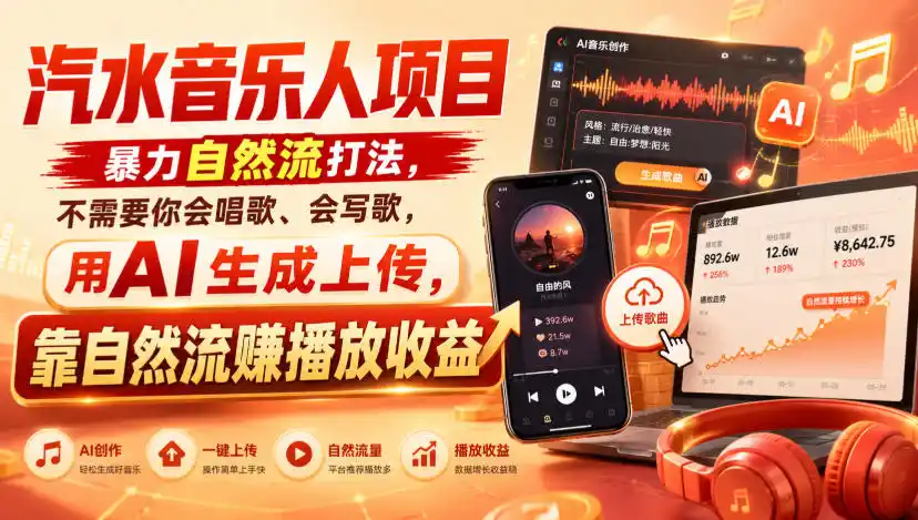 汽水音乐人项目，暴力自然流打法，不需要你会唱歌、会写歌，用AI生成上传，靠自然流賺播放收益-一起筹课网