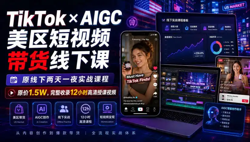 TikTok×AIGC美区短视频带货线下课，原线下两天一夜实战课程，原价1.5W，完整收录12小时高清授课视频-一起筹课网