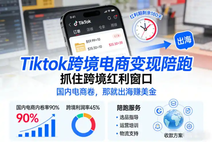 Tiktok跨境电商变现陪跑,抓住跨境红利窗口,国内电商卷,那就出海賺美金-一起筹课网