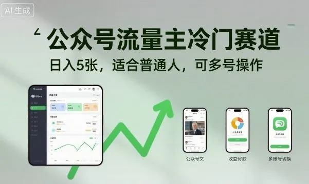 公众号流量主冷门赛道，日入5张，适合普通人，可多号操作-一起筹课网