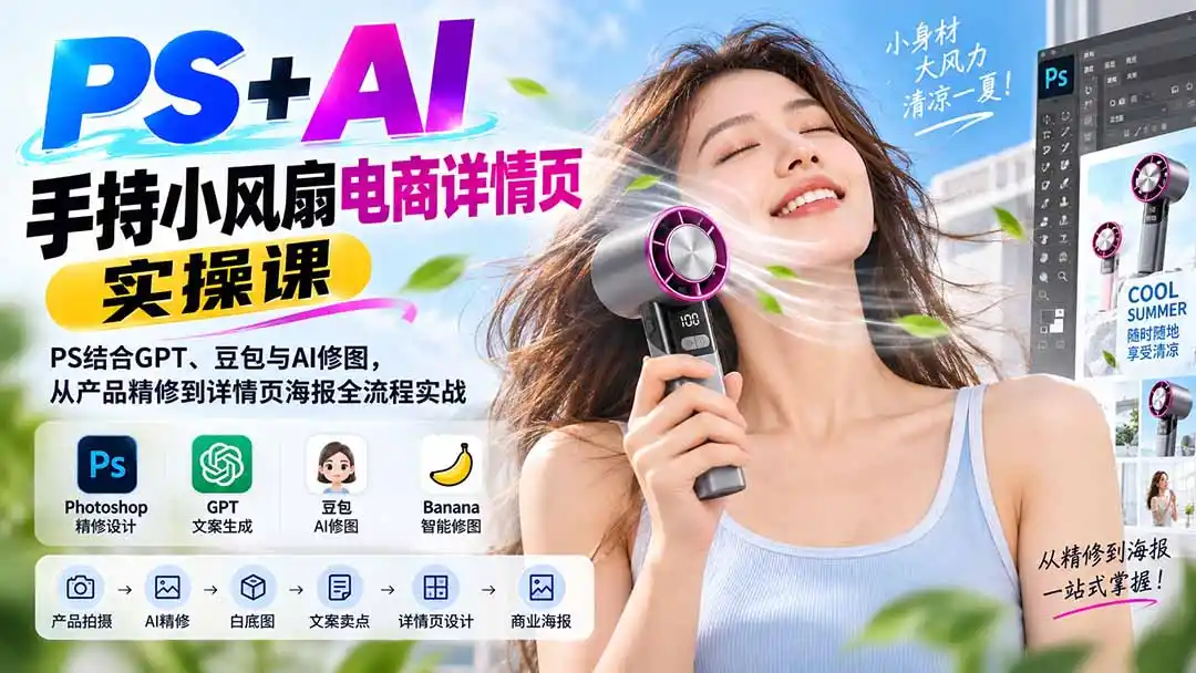 PS+AI手持小风扇电商详情页实操课：PS结合GPT、豆包与AI修图，从产品精修到详情页海报全流程实战-一起筹课网