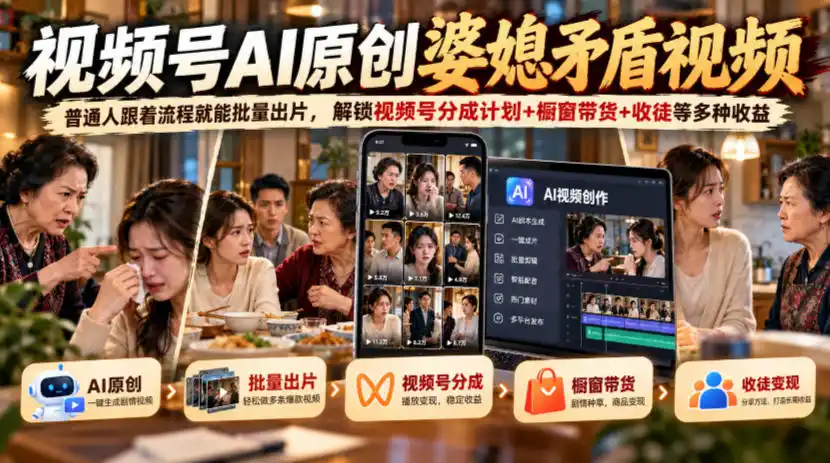 视频号ai原创婆媳矛盾视频，普通人跟着流程就能批量出片，解锁视频号分成计划+橱窗带货+收徒等多种收益-一起筹课网