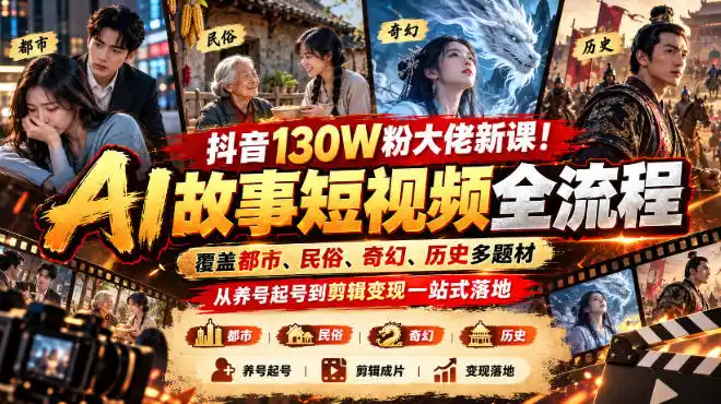 抖音130W粉大佬新课！AI故事短视频全流程，覆盖都市、民俗、奇幻、历史多题材，从养号起号到剪辑变现一站式落地-一起筹课网