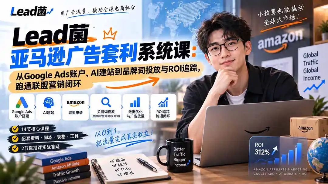 Lead菌亚马逊广告套利系统课：从Google Ads账户、AI建站到品牌词投放与ROI追踪，跑通联盟营销闭环-一起筹课网