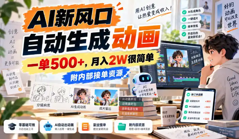 AI新风口，自动生成动画，一单500+，月入2W很简单，附内部接单资源【揭秘】-一起筹课网