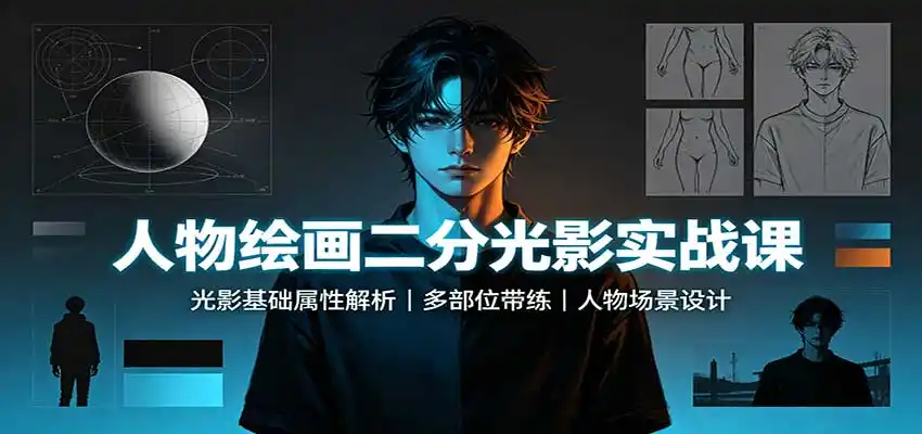 人物绘画二分光影实战课：光影基础属性解析，多部位带练，人物场景设计-一起筹课网