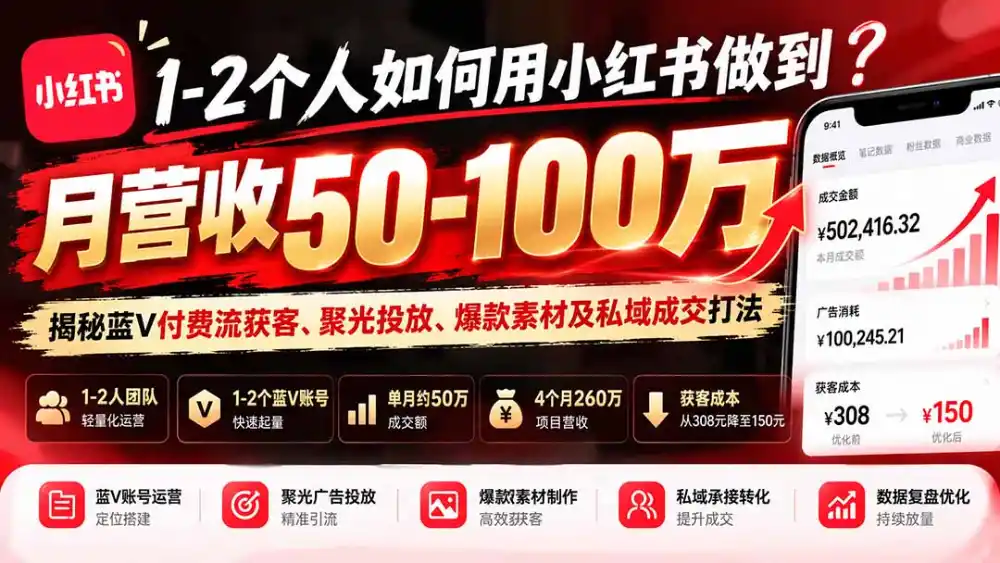 1-2个人如何用小红书做到月营收50-100万？揭秘蓝V付费流获客、聚光投放、爆款素材及私域成交打法-一起筹课网
