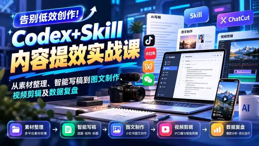 【无水印】告别低效创作！Codex+Skill内容提效实战课：从素材整理、智能写稿到图文制作、视频剪辑及数据复盘-一起筹课网