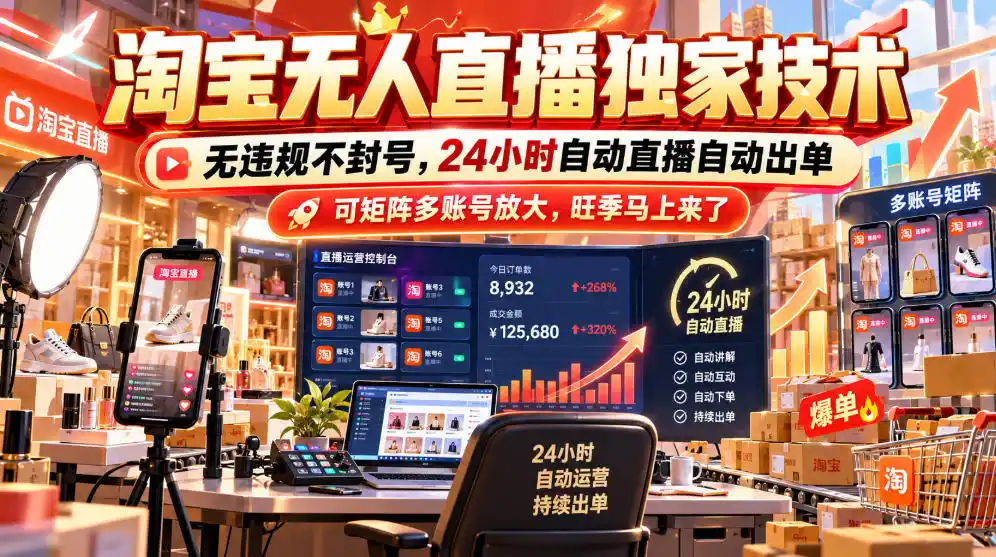 淘宝无人直播独家技术，无违规不封号，24小时自动直播自动出单，可矩阵多账号放大，旺季马上来了【揭秘】-一起筹课网