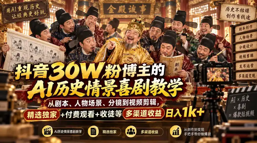 抖音30W粉博主的AI历史情景喜剧教学，从剧本、人物场景、分镜到视频剪辑，精选独家+付费观看+收徒等多渠道收益日入1k+-一起筹课网