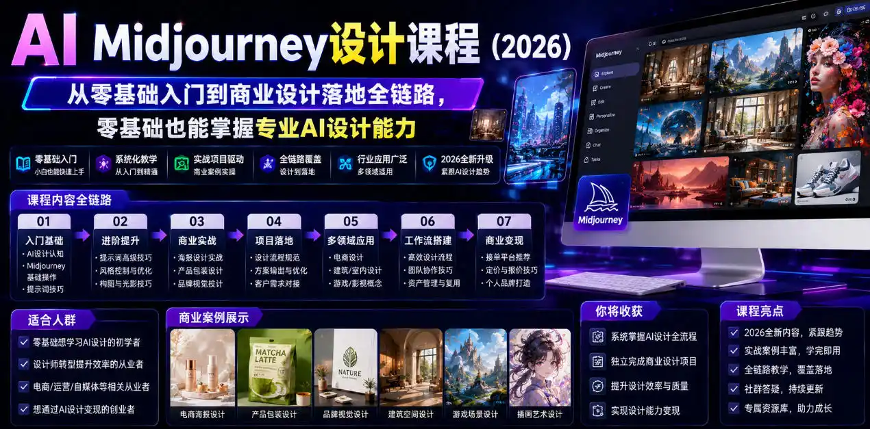 AI Midjourney设计课程(2026)，从零基础入门到商业设计落地全链路，零基础也能掌握专业AI设计能力(更新0913)-一起筹课网