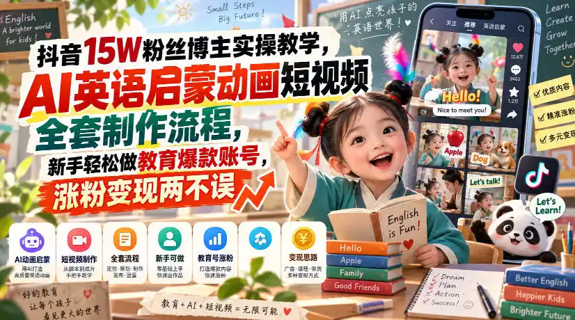 抖音15W粉丝博主实操教学，AI英语启蒙动画短视频全套制作流程，新手轻松做教育爆款账号，涨粉变现两不误-一起筹课网