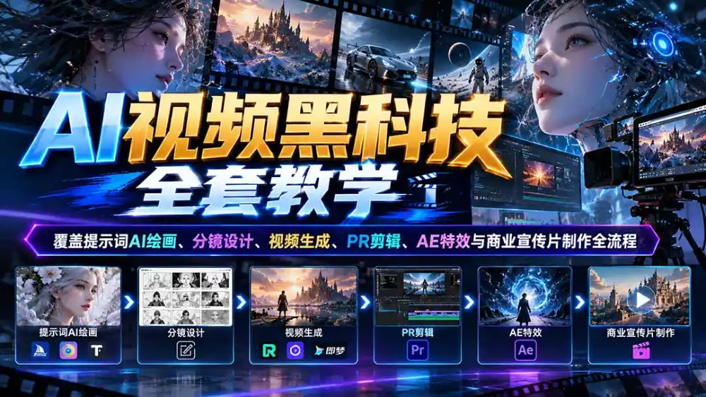 AI视频黑科技全套教学：覆盖提示词AI绘画、分镜设计、视频生成、PR剪辑、AE特效与商业宣传片制作全流程-一起筹课网