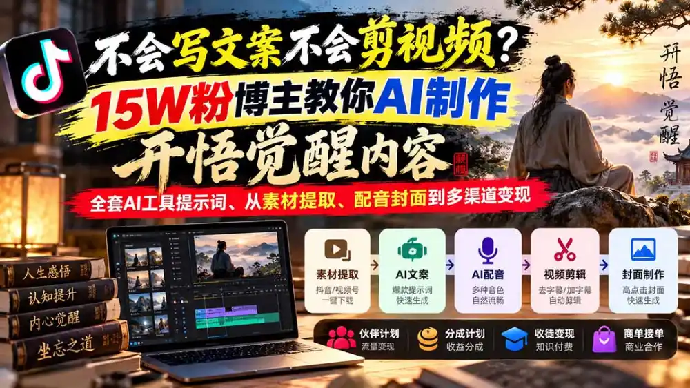 不会写文案不会剪视频？15W粉博主教你AI制作开悟觉醒内容，全套AI工具提示词、从素材提取、配音封面到多渠道变现-一起筹课网