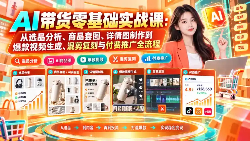 AI带货零基础实战课：从选品分析、商品套图、详情图制作到爆款视频生成、混剪复刻与付费推广全流程-一起筹课网