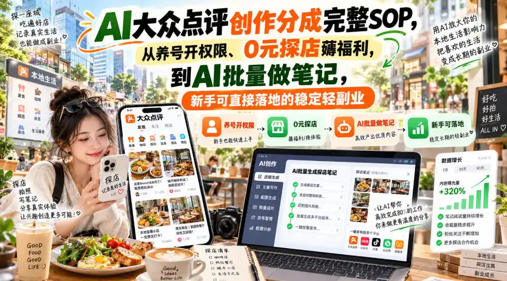 【无水印】AI大众点评创作分成完整SOP，从养号开权限、0元探店薅福利，到AI批量做笔记，新手可直接落地的稳定轻副业-一起筹课网