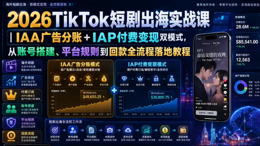 2026TikTok短剧出海实战课｜IAA广告分账+IAP付费变现双模式，从账号搭建、平台规则到回款全流程落地教程-一起筹课网