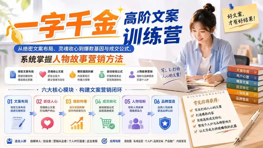 一字千金高阶文案训练营：从绝密文案布局、灵魂收心到爆款基因与成交公式，系统掌握人物故事营销方法-一起筹课网
