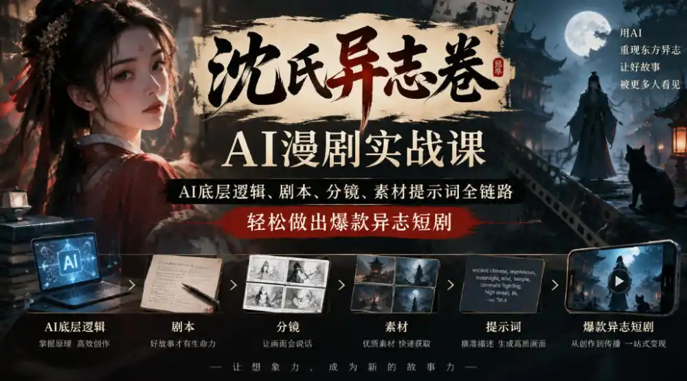 沈氏异志卷AI漫剧实战课|AI底层逻辑、剧本、分镜、素材提示词全链路,轻松做出爆款异志短剧-一起筹课网