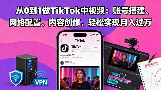 从0到1做TikTok中视频:账号搭建、网络配置、内容创作,轻松实现月入过万-一起筹课网