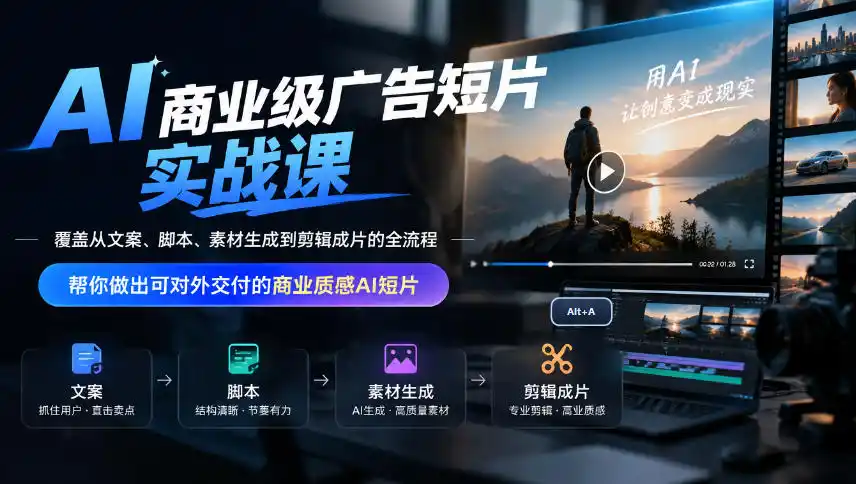 AI商业级广告短片实战课，覆盖从文案、脚本、素材生成到剪辑成片的全流程，帮你做出可对外交付的商业质感AI短片-一起筹课网