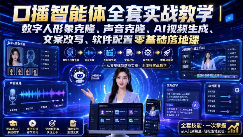 口播智能体全套实战教学｜数字人形象克隆、声音克隆、AI视频生成、文案改写、软件配置零基础落地课-一起筹课网