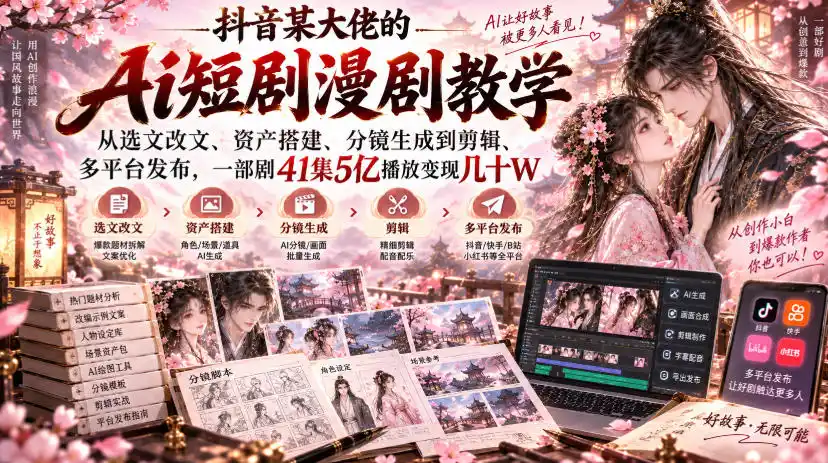 抖音某大佬的Ai短剧漫剧教学，从选文改文、资产搭建、分镜生成到剪辑、多平台发布，一部剧41集5亿播放变现几十W-一起筹课网